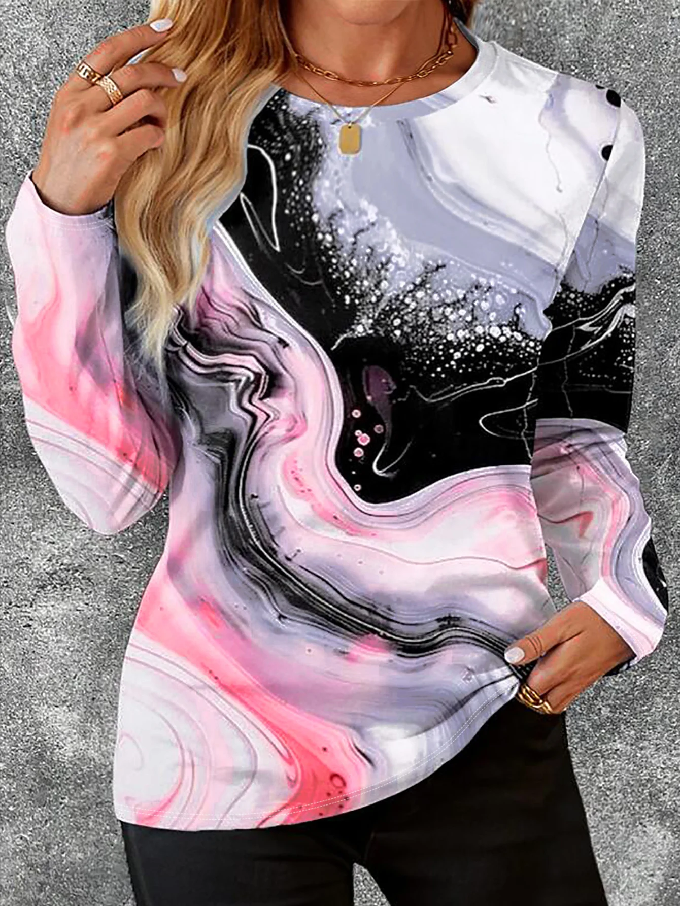 Women's Round Neck Long Sleeve T-Shirt Pink Black Marble Print Casual Loose Fit Tops