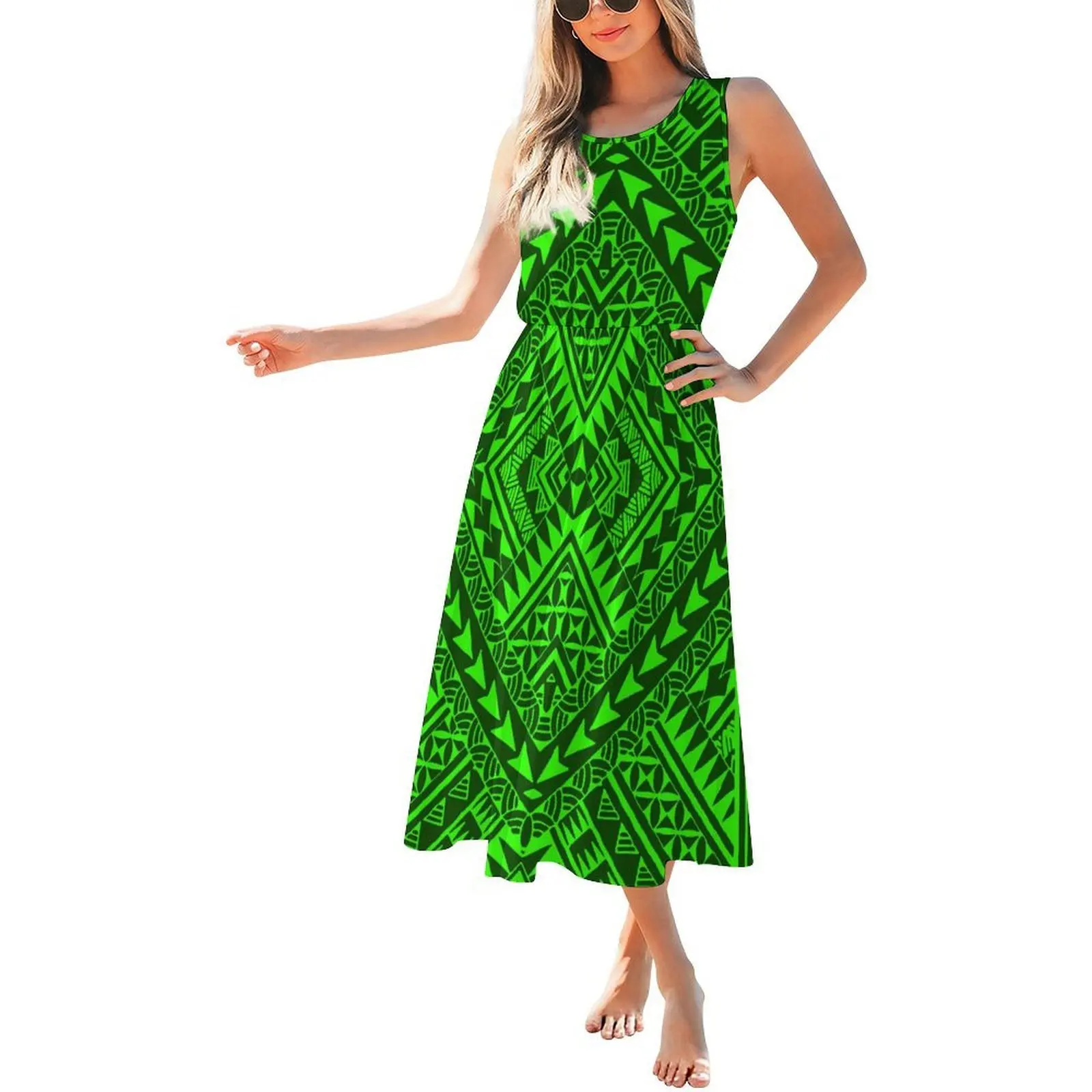 نسيج مريح جولة الرقبة بلا أكمام الخصر مقصوص فستان طويل المرأة البولينيزية فستان فضفاض تصميم مخصص
