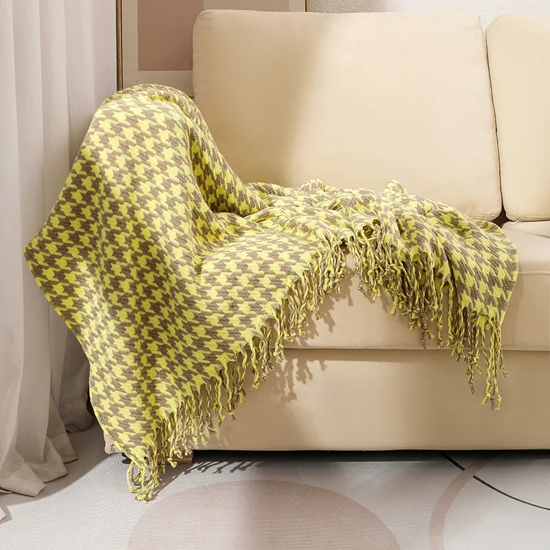 Houndstooth Tassel Woolen Blanket Summer Thin Air Conditioning Blankets for Office Living Room Sofa Cozy Nap Cushion Shawl