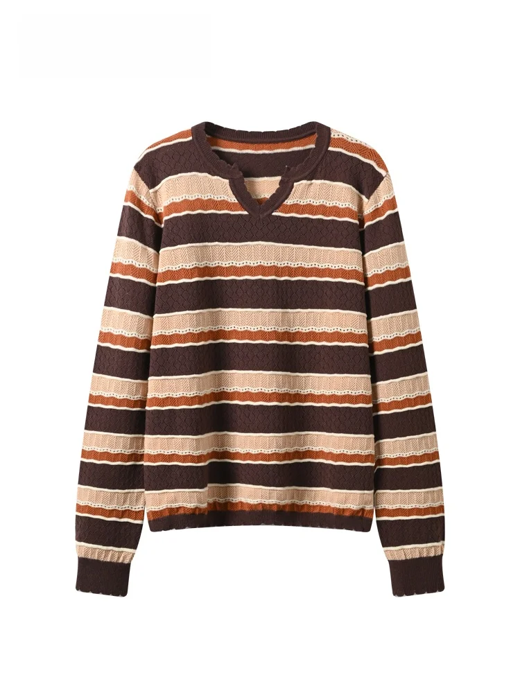 

plus Size Women's Long Sleeve Knitted Sweater round Neck Stripe Casual Style Spring New Arrival Versatile Full Coverage Top