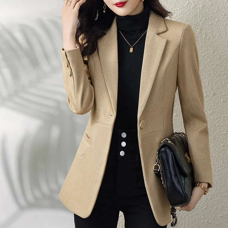 2024 Spring Autumn New Blazers Coats Women Fashion Casual Slim Woolen Suit Jacket Female Outerwear Lattice Office Blazers Lady