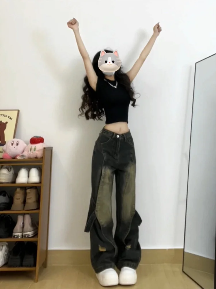 

Американские ретро джинсы с высокой талией, женские свободные прямые брюки, новинка 2024, весенне-осенний дизайн, широкие брюки High Street