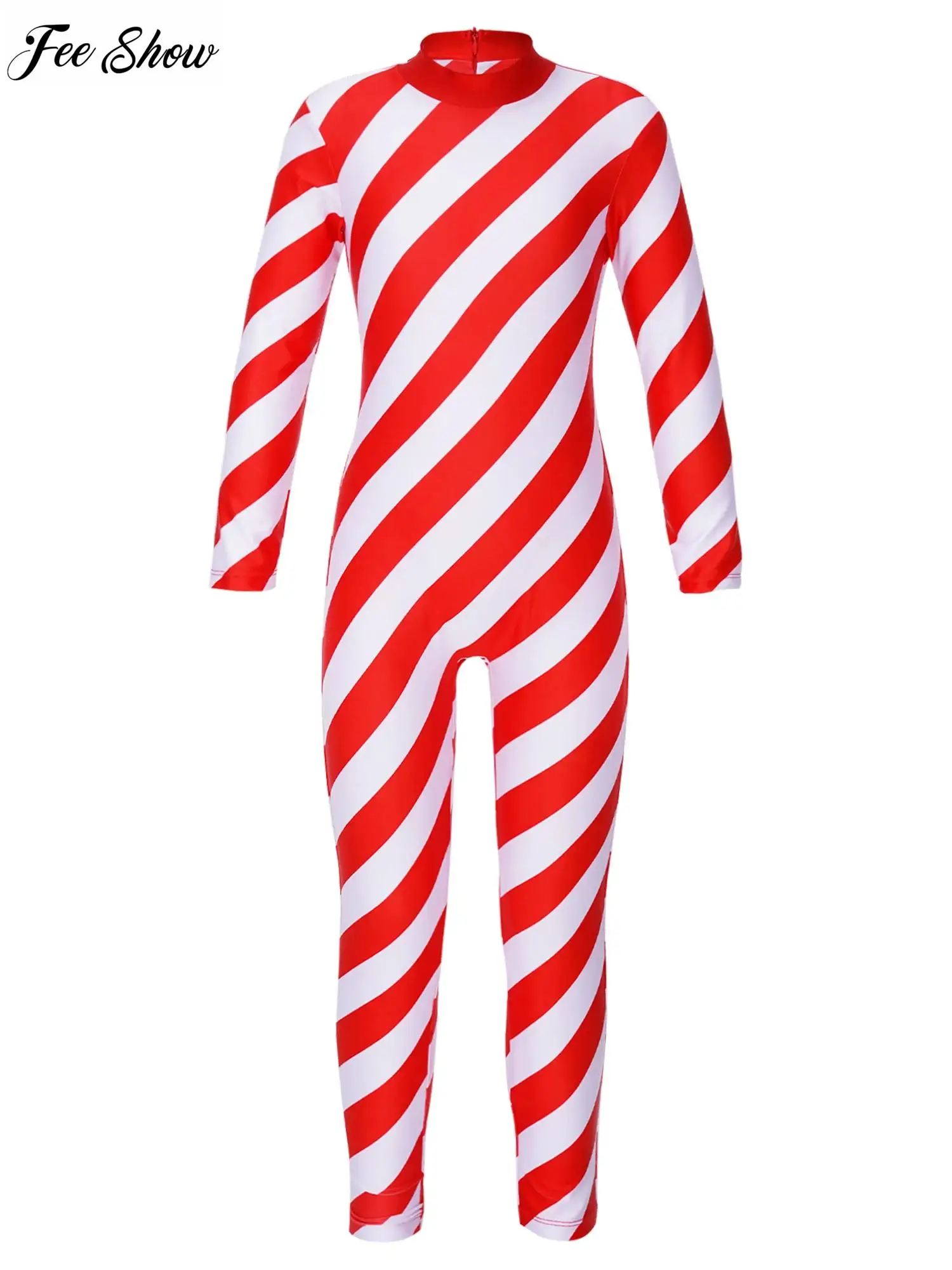 

Kids Girls Children Xmas Candy Cane Striped Unitard Jumpsuit Christmas Striped Turtleneck Long Sleeve Full Body Bodysuit