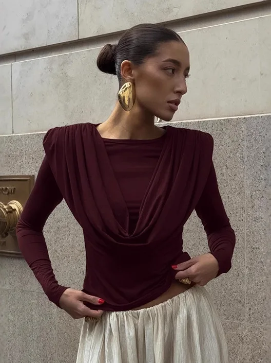 レディース ロングスリーブTシャツ ギャザーウエスト ペンデュラムネック ベースカラー 秋冬 レッド スリムフィットトップ ヨーロッパ風 スレ ポリエステル...