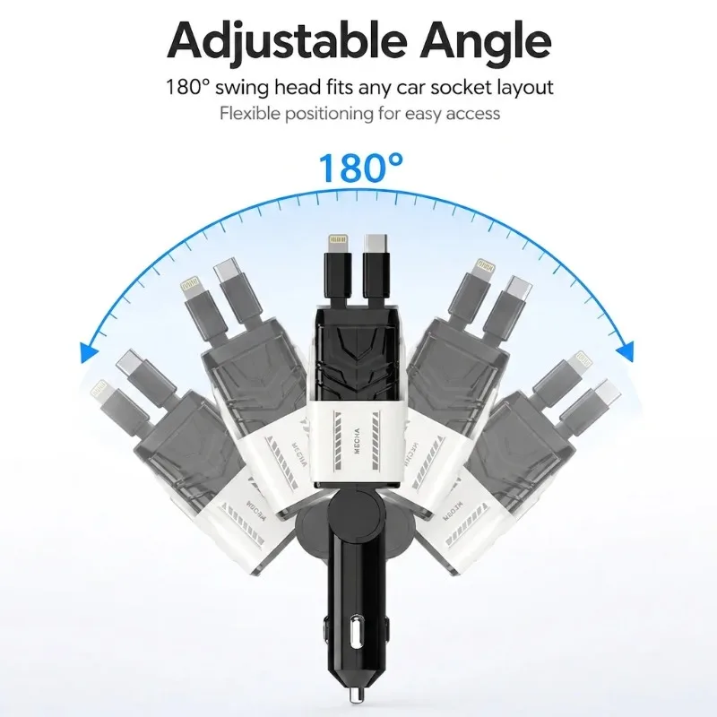 120W Total Output 4 in 1 Retractable Car Charger USB C Lightning Cables 66W Fast Charge USB A Type C Ports LED Display