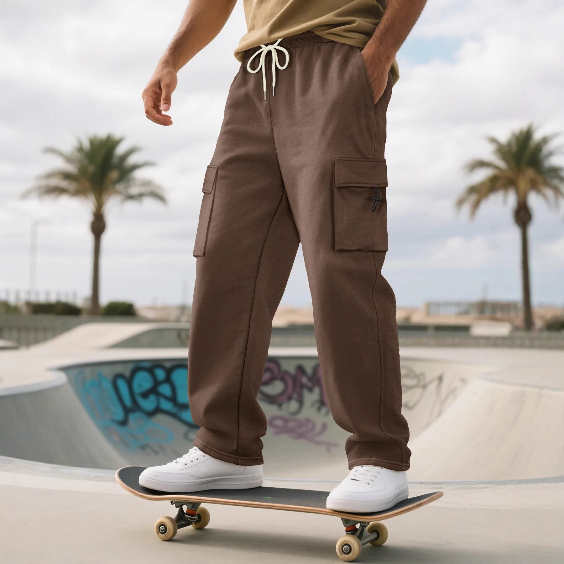 Men's Autumn And Winter Overalls Multi-pocket Solid Color Straight Drawstring Trousers Casual Sports Trousers Men