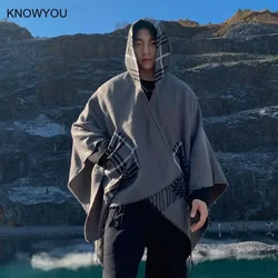 Male Plaid Pocket Ponchos Imitation Cashmere Cloak Hooded Winter Shawl Men Warm Stoles Tourism Coats 2024 Autumn Winter New