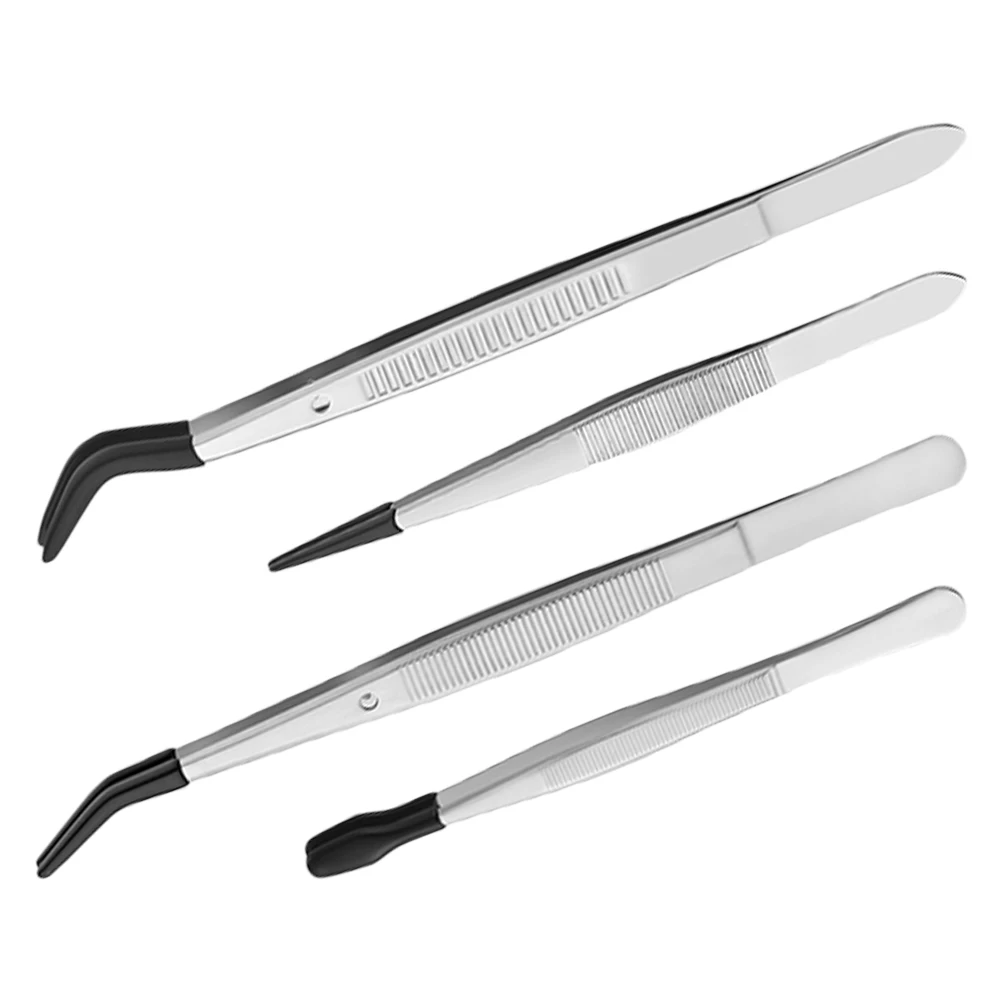 4Pcs Anti Slip Stainless Steel Tweezers Set Precision Crafting for Stamps Coins Eyelash Extensions Silicone Tips