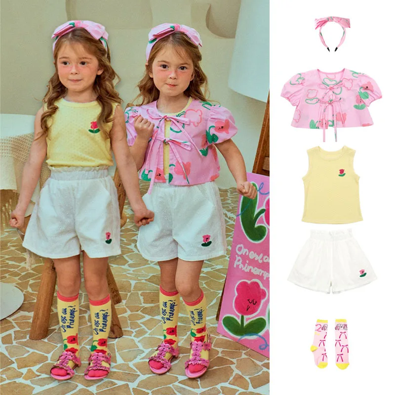 

Summer Kawaii Girl Clothes Set Korean Kid Cotton Pink Shirt Yellow Vest Fashion Girl Tank Top Shorts Outfit Set