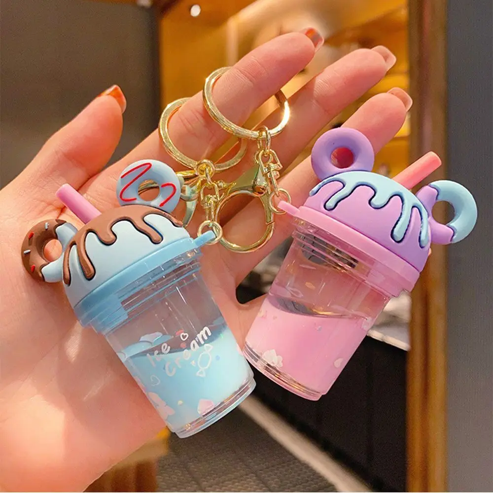 Bag Pendant Acrylic Key Chain Car Key Ring Charm Liquid Quicksand Sequin Mouse Head Keychain Milk Tea Cup Keyring Donut Keyring