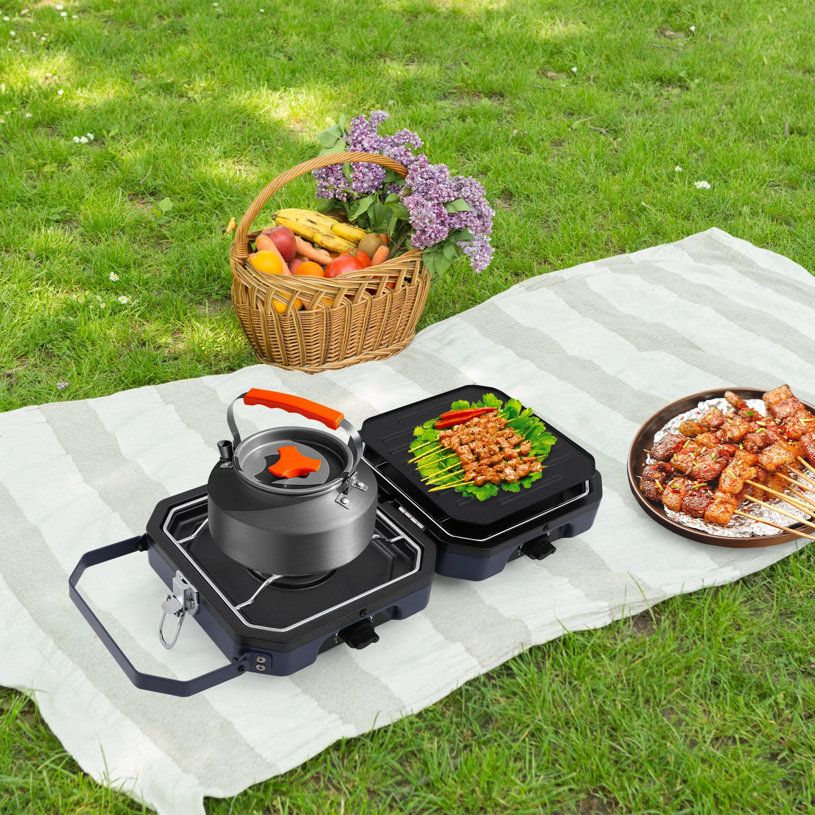 

2,3 + 2,3 кВт походная печь из нержавеющей стали, складная походная печь с 2 ступеньками, сковорода-гриль для кемпинга, барбекю 24*23 см