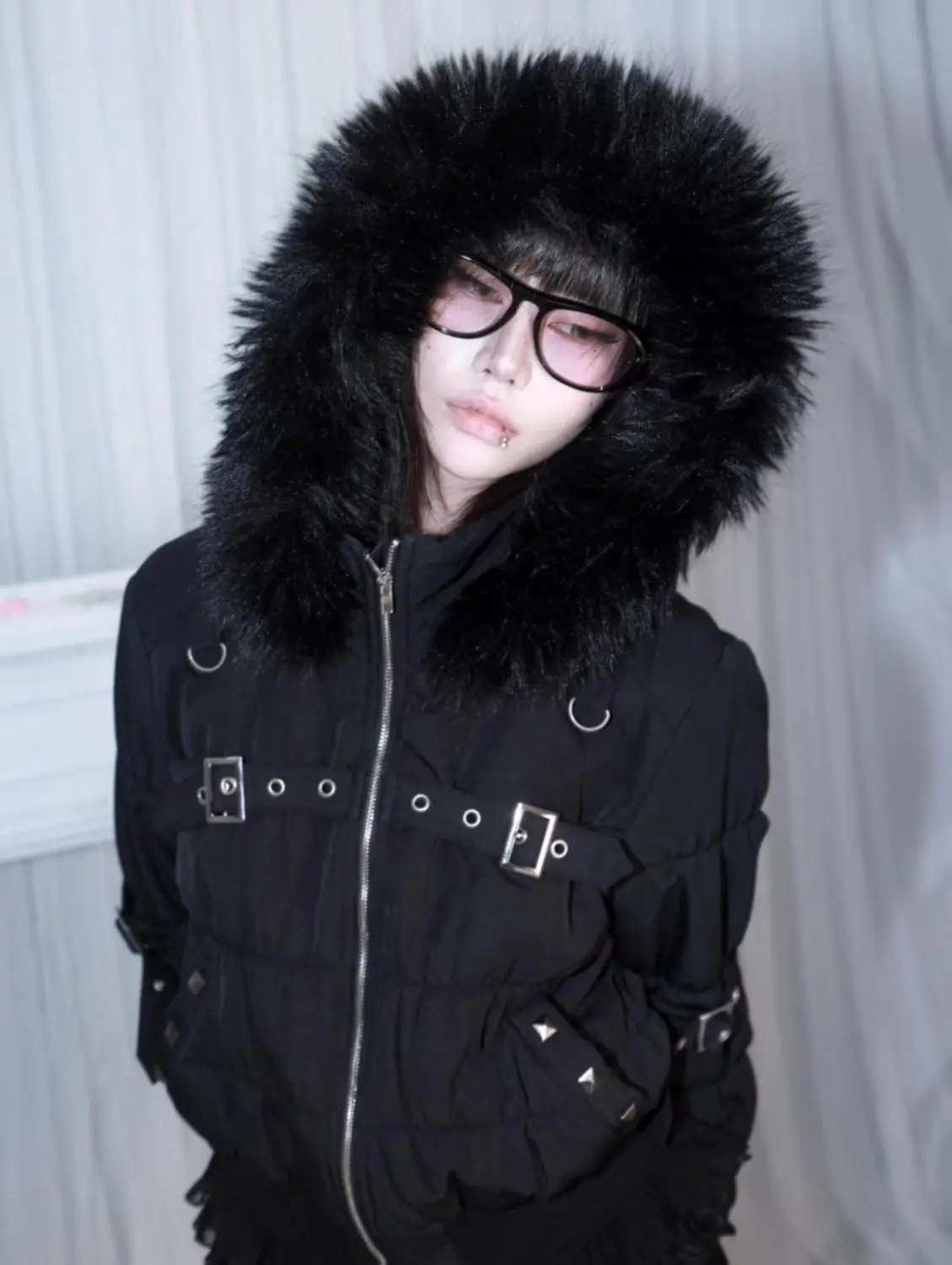 Sexy Punk Gothic Women's Cropped Puffer Parka Fur Collar Rivet Buckle Strap Ruched Waist Thick Warm Winter Streetwear Outfit