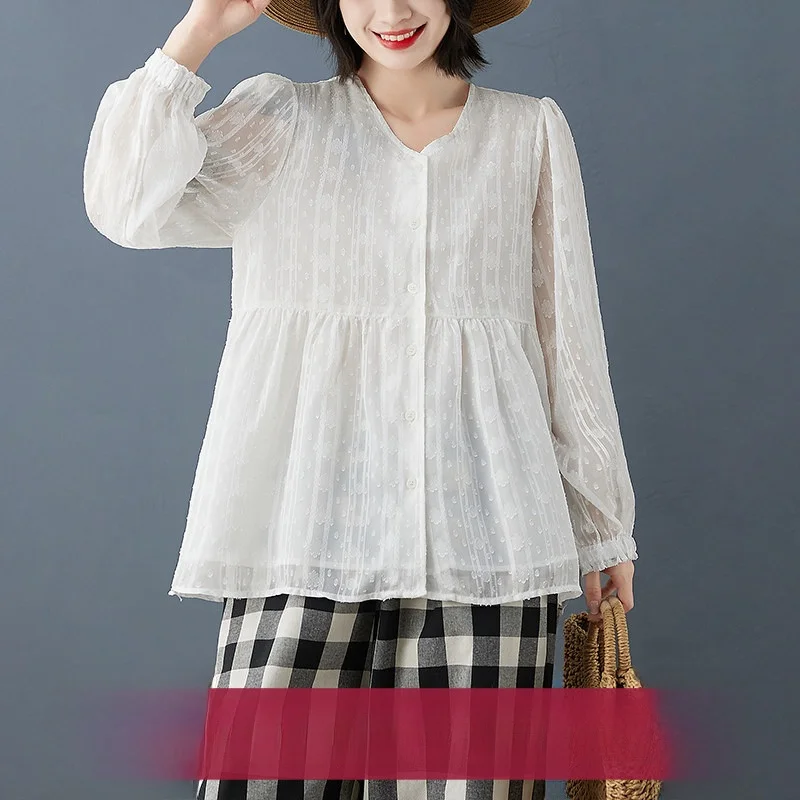 

White Early Spring New Women's Loose Faionable Comfortable V-ne Long Sve Lace irt Versatile Women's Top Open Cardigan