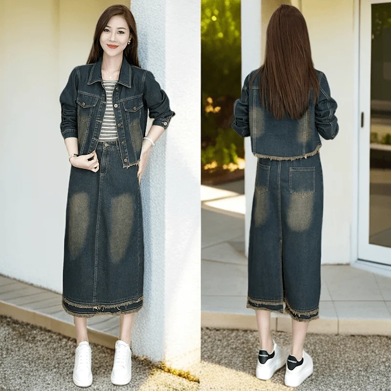 

Faionable Denim Tee-Piece Set ort Jaet Skirt Midi Length Whole Suit Women's Clothing Autumn Season Brand JingGe