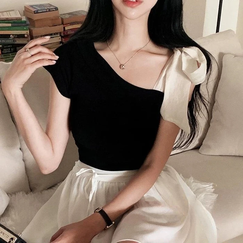 Dongda Gate New Style Women's Knitted Short Sleeve Shoulder Bared Belted Waist Slim Fit Versatile Top Korean Soft Polyester B...