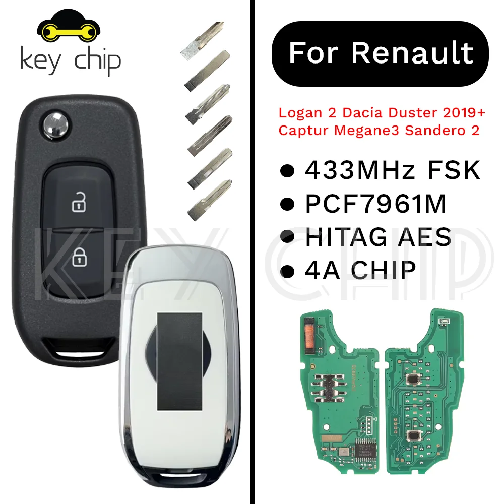 Para renault dacia logan 2 ii 2018 2019 2020 fsk chave do carro controle fob 2 botões 433mhz pcf7961m 4a chip flip chave remota