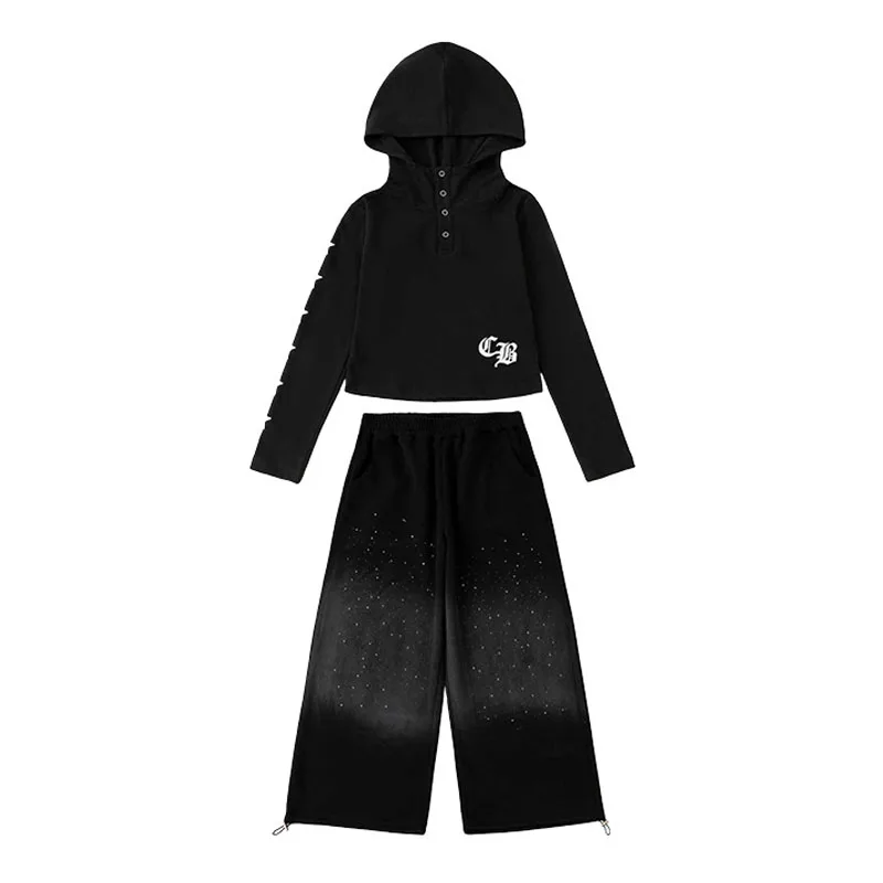 Ropa de Hip Hop Kpop para chico, camiseta corta con capucha negra, pantalones de pierna ancha con lentejuelas informales para niñas, trajes de baile callejero, ropa