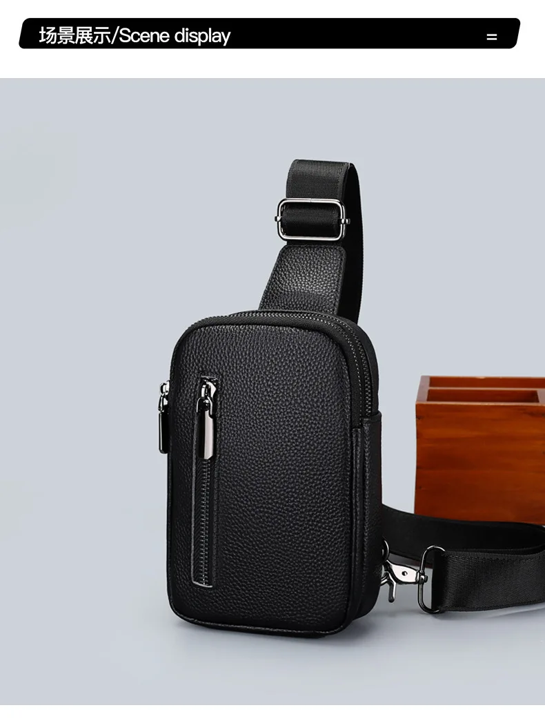 Men Genuine Leather Chest Bag Top Grain Cowhide Phone Bag Double Zipper Casual Single Shoulder Crossbody Bag Multifunctional Min