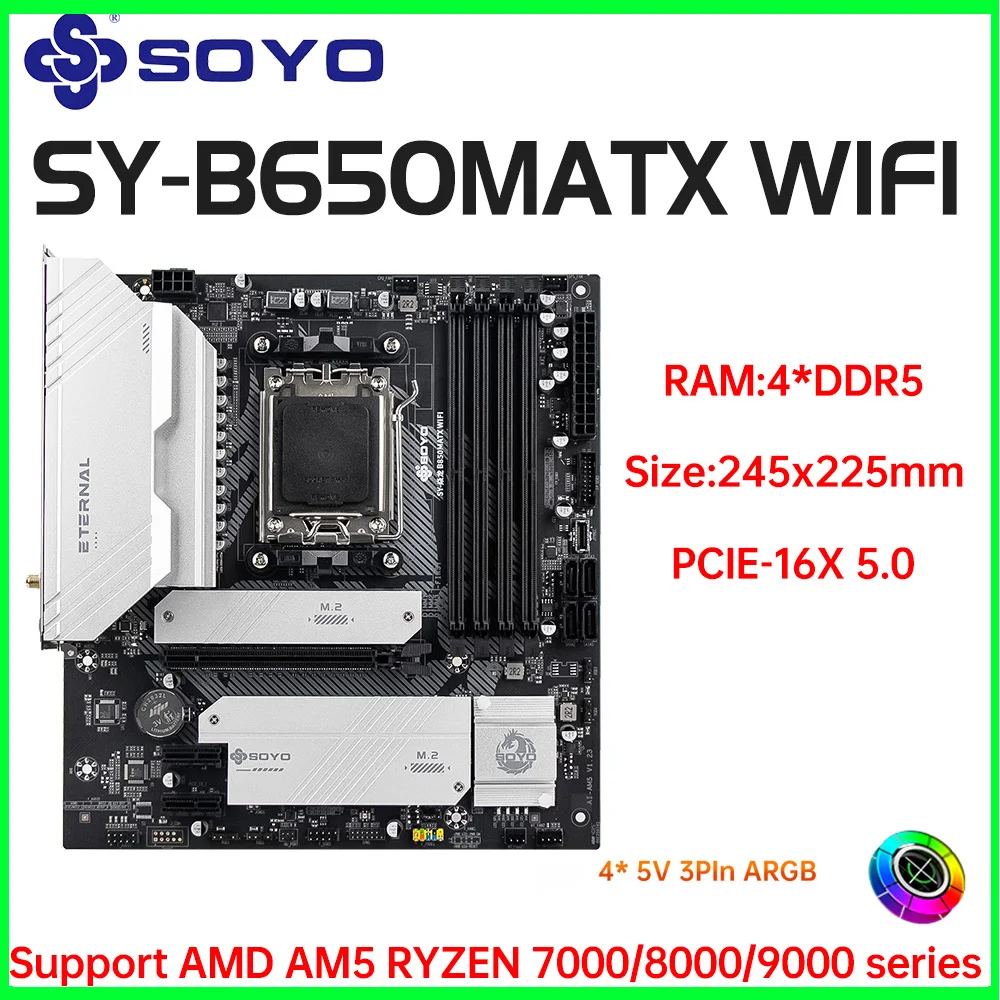 Placa base SOYO B650M ATX AMD AMD Ryzen AM5 DDR5 compatible con CPU 7000 8000 9000 procesadores Pcie5.0x16 Pcie4.0x4 M.2 ARGB WIFI6