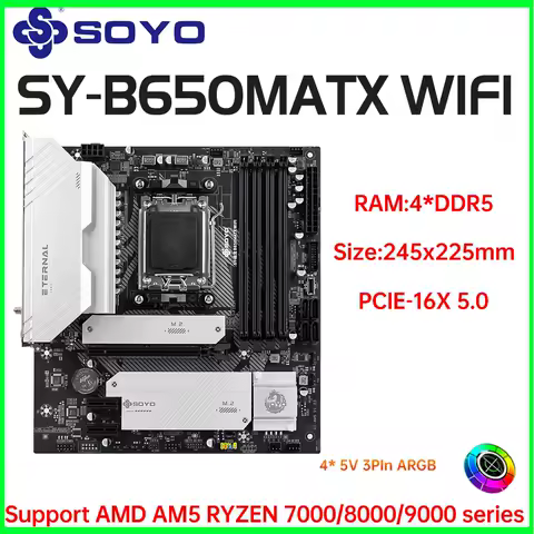 SOYO B650M ATX AMD Motherboard AMD Ryzen AM5 DDR5 Supports CPU 7000 8000 9000 Processors Pcie5.0x16 Pcie4.0x4 M.2 ARGB WIFI6