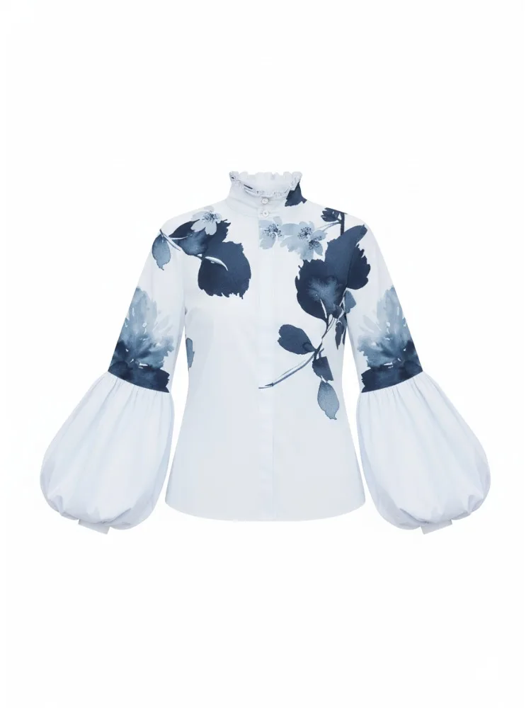 

Bonboho Women's Stylish White High Neck Blouse Floral Print Lantern Sleeves Casual T-shirt Spring Summer Elegant Shirts