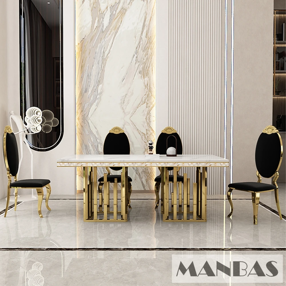 Luxury Dining Room Set: 8 MANBAS Stainless Steel Genuine Leather Chairs, and Rectangle Table Made In Marble and Sea Shell