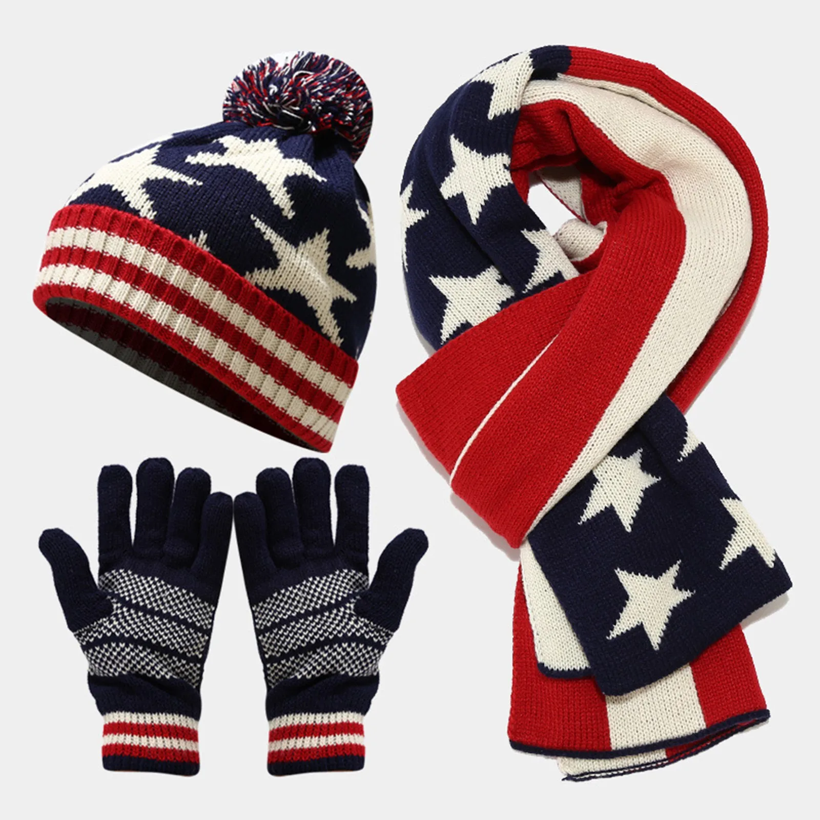 

American Flag Knitted Cap Scarves Gloves Set Women Men Three Pieces Set Warm Autumn Winter Outdoor Hat Scarf And Gloves Sets