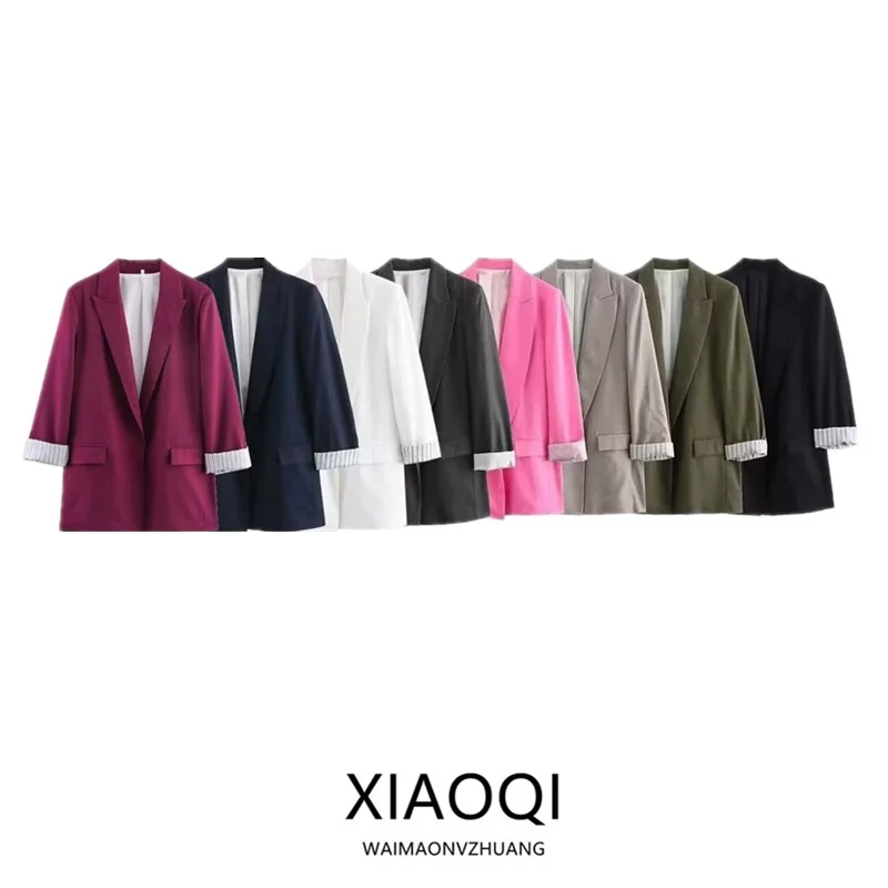 Spring Summer 2024 Women's Casual Linen Blend Roll Sleeve Suit Jacket Versatile Stylish European Style Long Sleeve Fashion