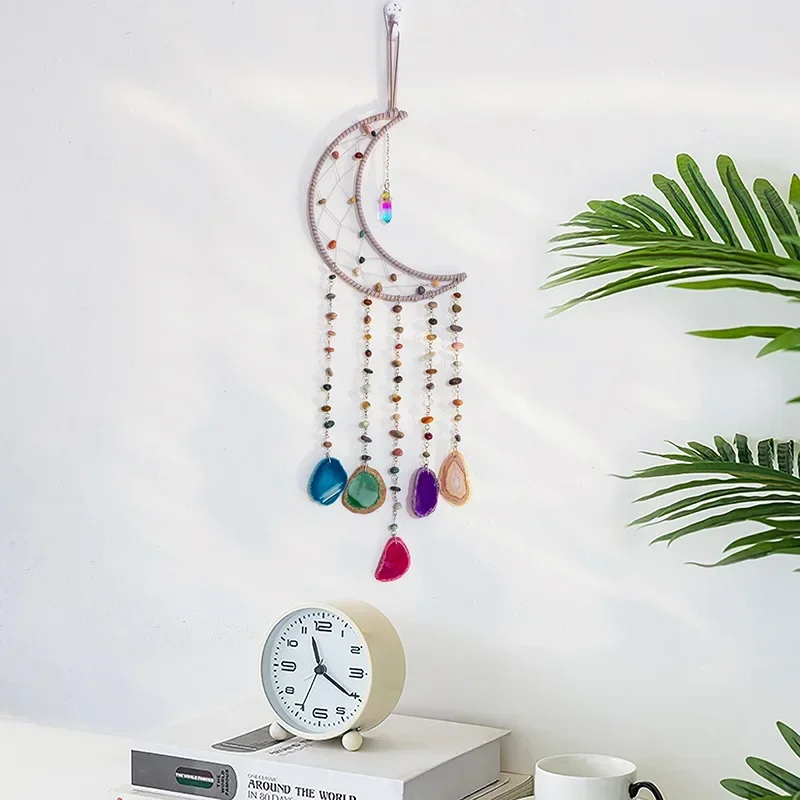 Moon Dream Catchers Natural Agate 7 Chakra Color Gemstone Dream Catcher Living Room Wall Hangings Natural Stone Home Decorations