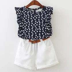 Keelorn Summer Fashion Clothes Casual Girls Sets Flower Print Pattern Top T-shirt Short Pant with Pocket Kids Costumes 3-7 Y