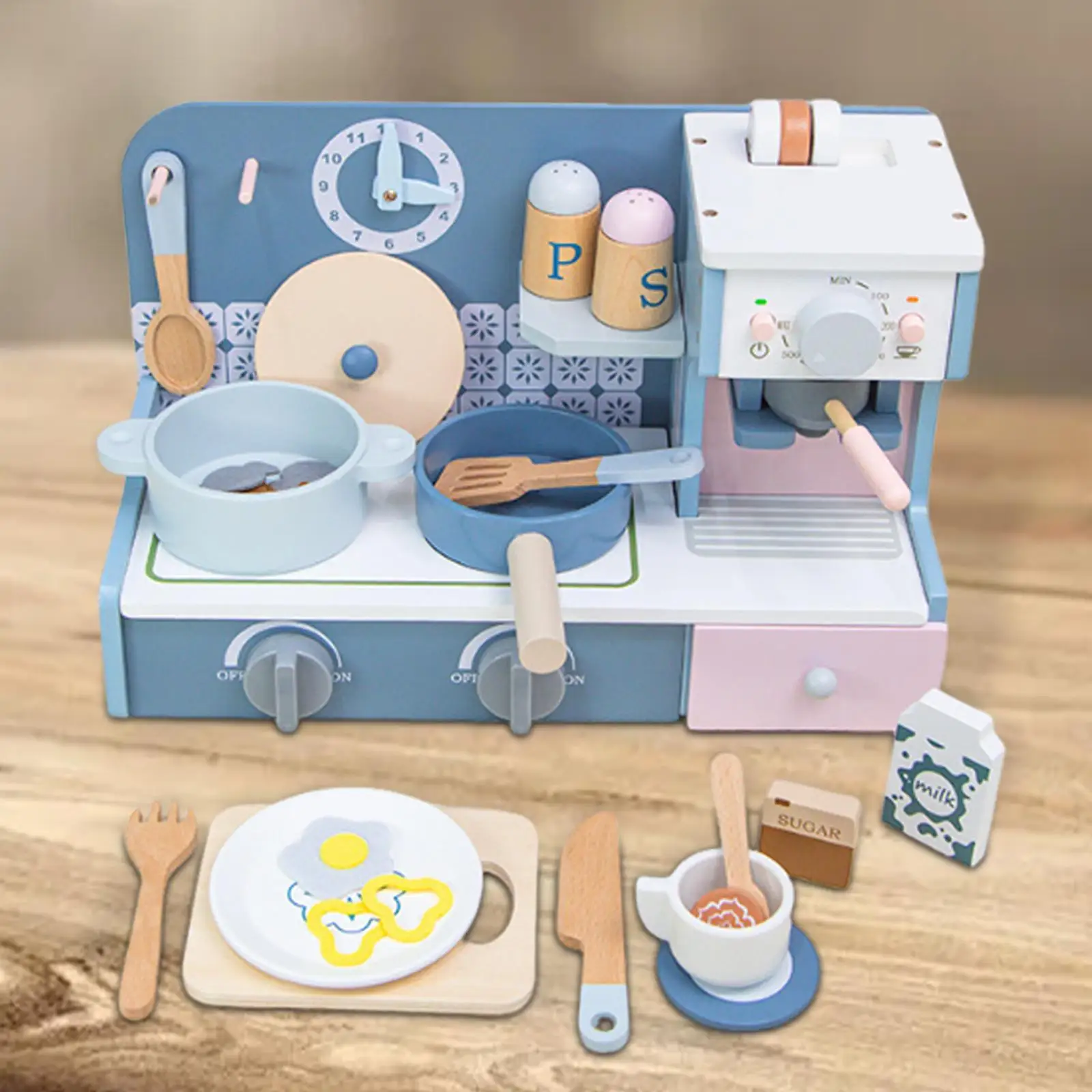 ชุดครัวไม้ของเล่นพร้อมอุปกรณ์ทำอาหาร ของเล่นครัวแบบอินเทอร์แอคทีฟ