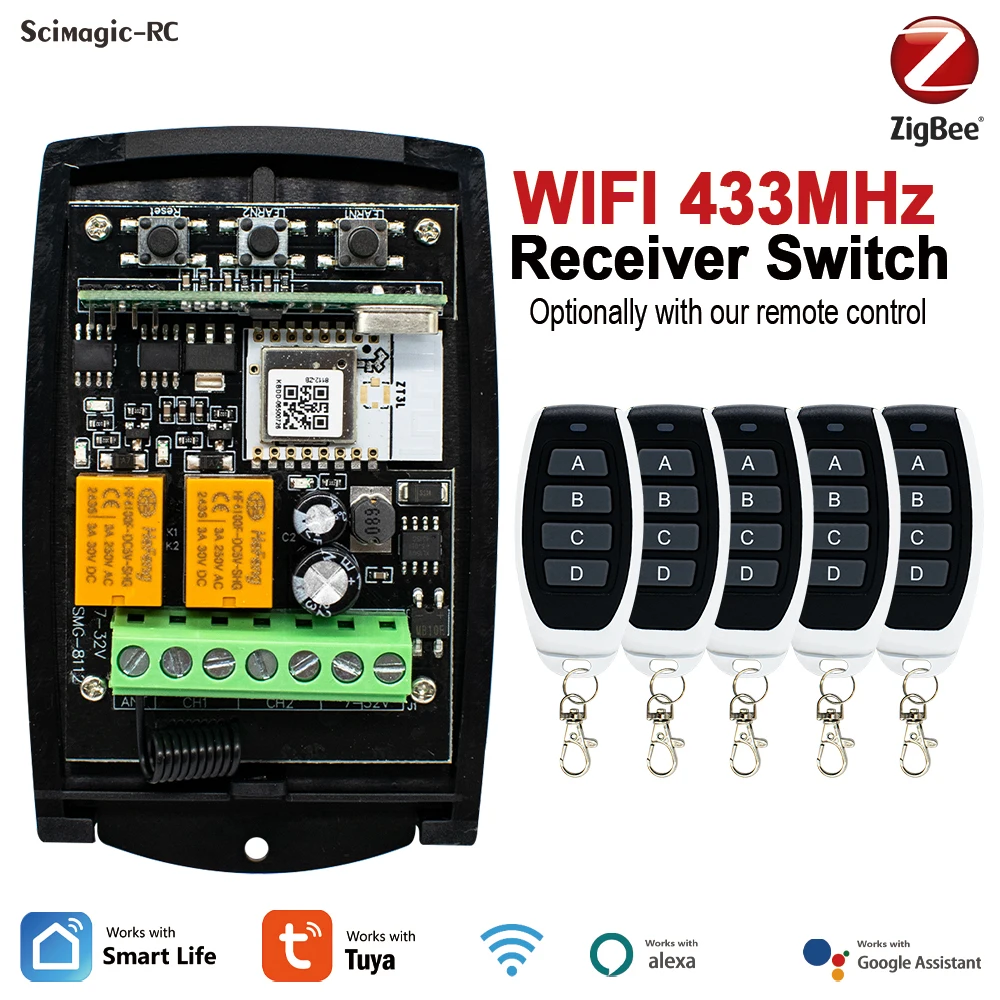 Universal 2CH Tuya Zigbee Wifi Garage Remote Control Receiver For 433mhz 433.92MHz Transmitter Switch Door Opener Gate Control
