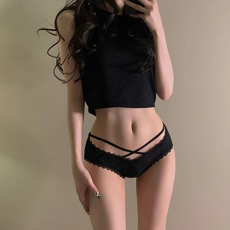 1Pcs Cotton Threaded Women's Low Waist Triangle Pants, Hollow Breathable Lace Underwear, Women's Sexy Triangle Pants