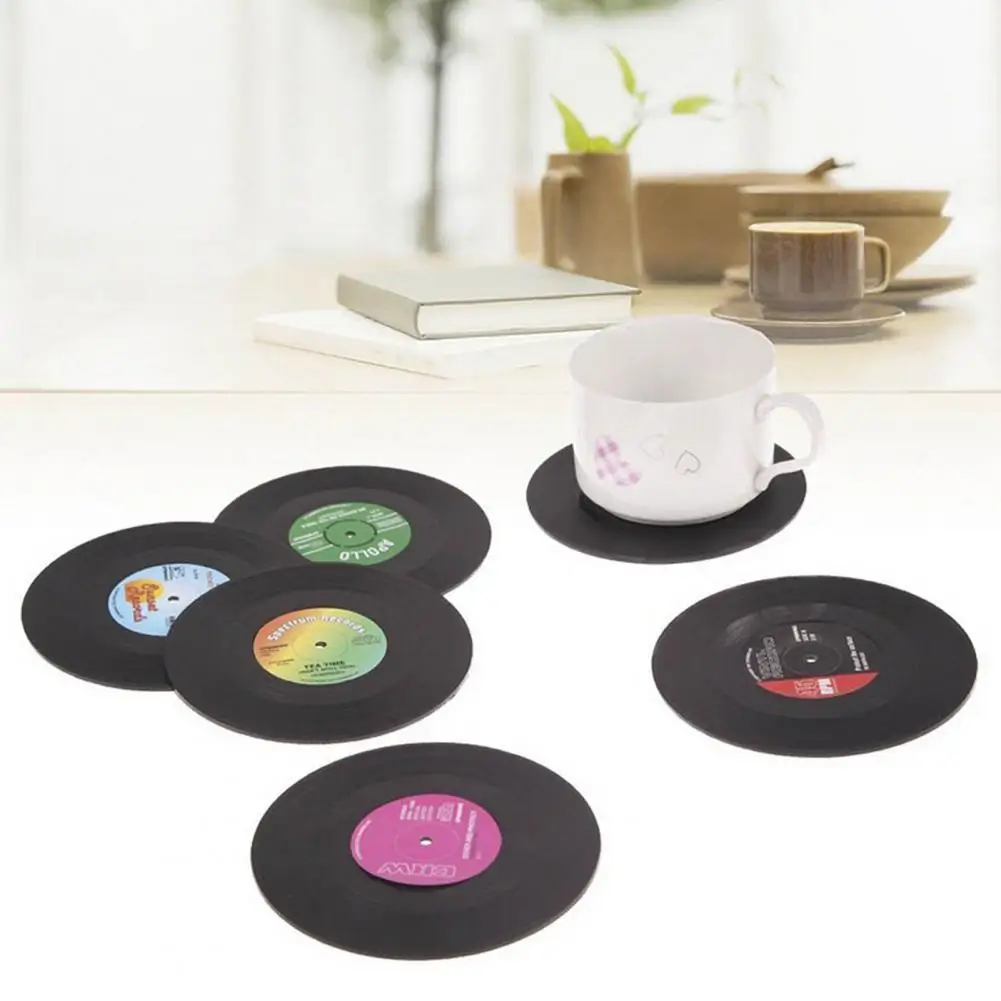 6Pcs Vinyl Coasters Holder Retro Record Coaster Disk Drink Mug Pad Mat Music Coasters Under Glass Anti-slip Coffee Mug Coasters