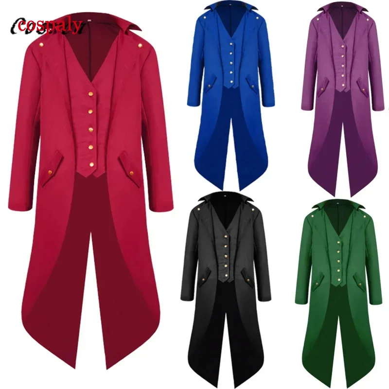 A Medieval Retro Red Tuxedo Tailcoat Mens Jacket Coats Swallowtail Dust Cosplay Steam Punk Costume Palace Dress Europe Uniform