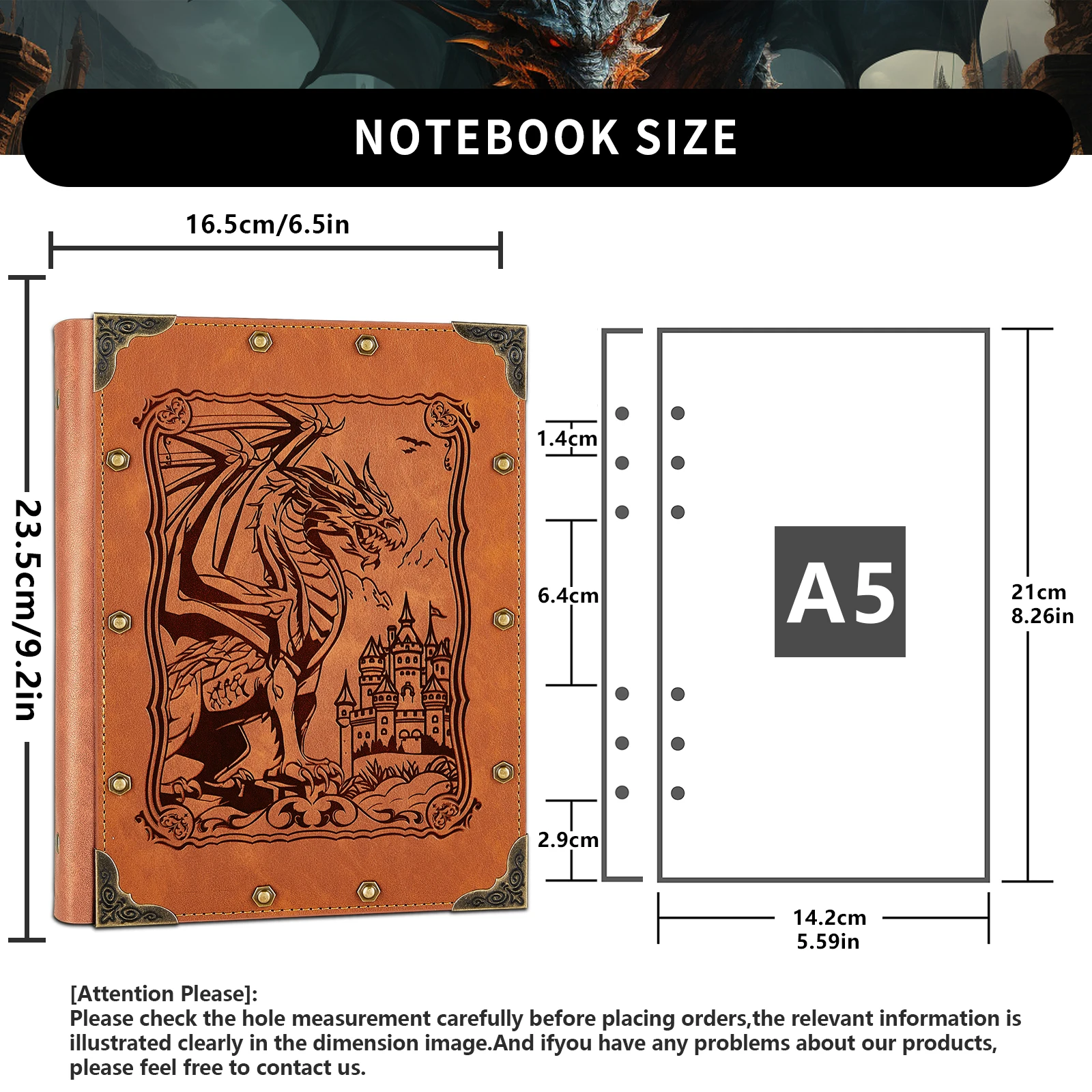 DND Dragon A5 Binder Blank Journal Leather D&D Notebook Refillable A5 Journals for Writing Drawing 400 Pages,Vintage Sketch Book