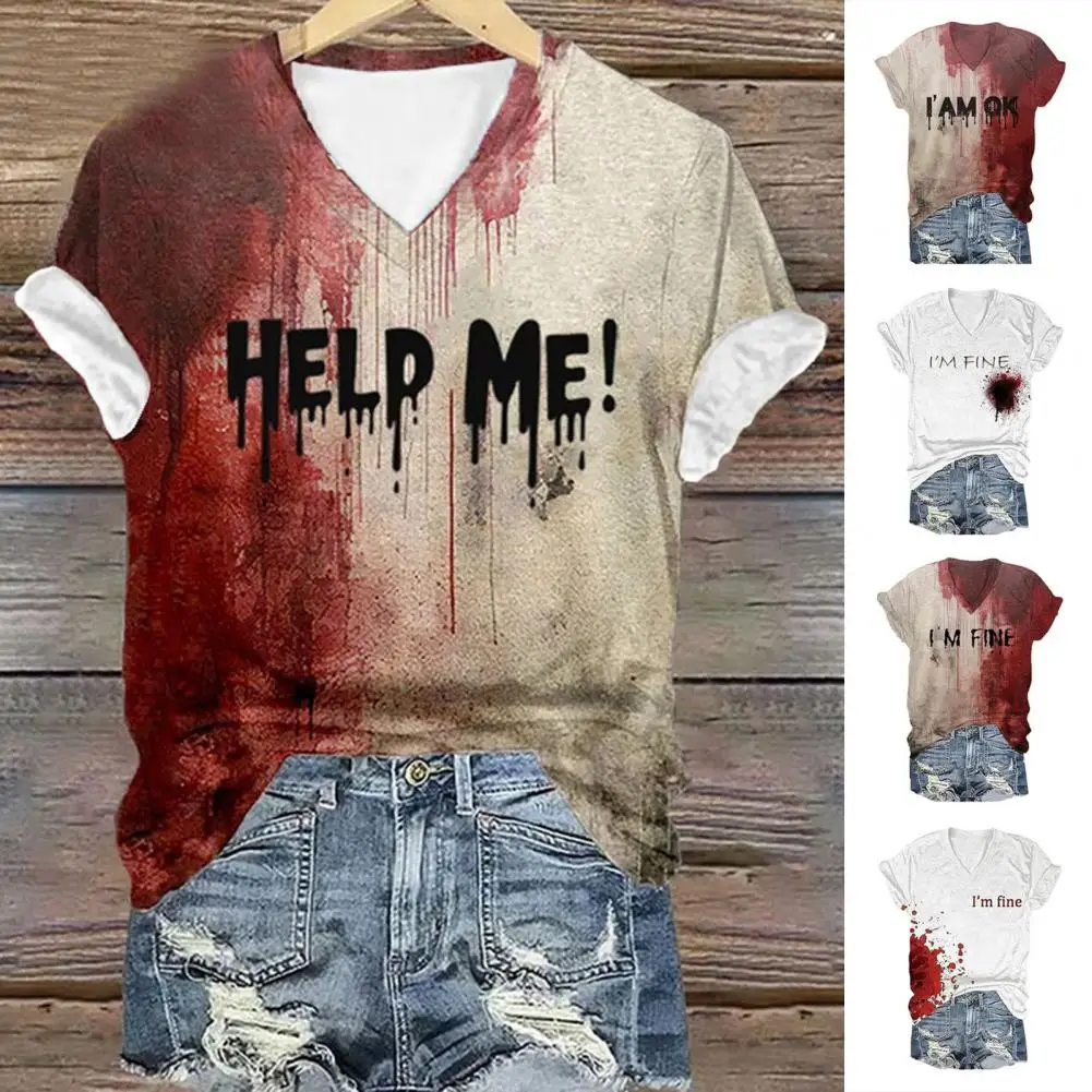 

Party Wear Tops Women Halloween Tops Horror Halloween Blood Stains Shirt Women V-neck Funny Horror Clothes Gift