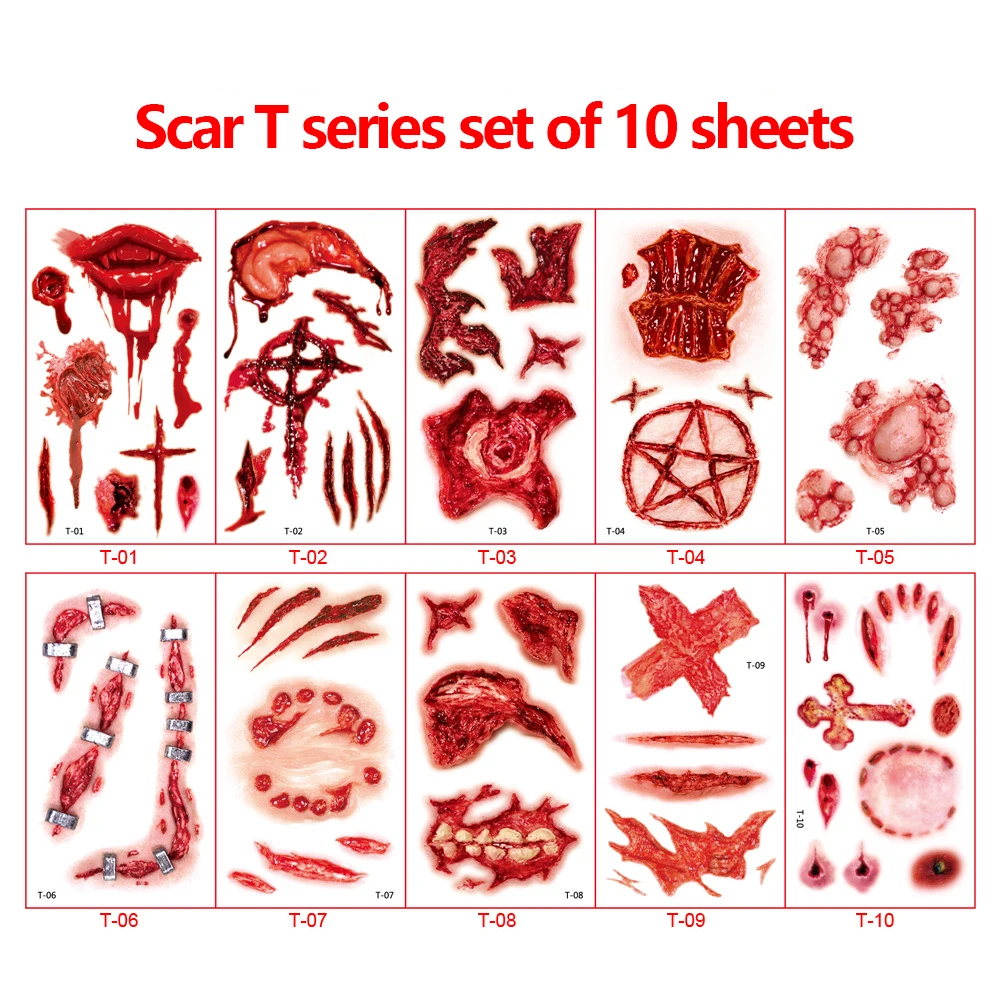 Zestaw 10 wodoodpornych naklejek tatuaży na Halloween, blizny, rany horroru, dla mężczyzn na imprezę, makijaż imprezowy, naklejki na twarz dla kobiet, festiwal, cosplay
