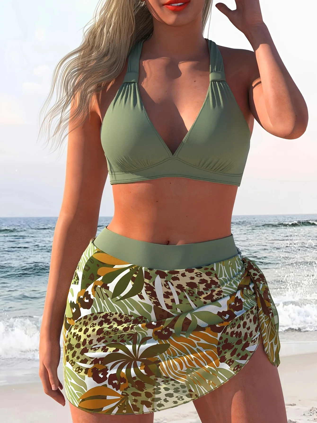 

Women's bikini set green backless beach vacation print hanging neck strap skirt pants sexy quick drying swimsuit 2026 new item