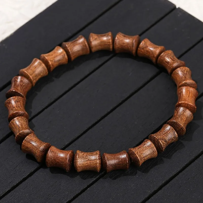 JD Natural Wooden Bead Golden Silk Sandalwood Bamboo Shape Bracelet Women Men Vintage Meditation Mala Prayer Hand String Jewelry