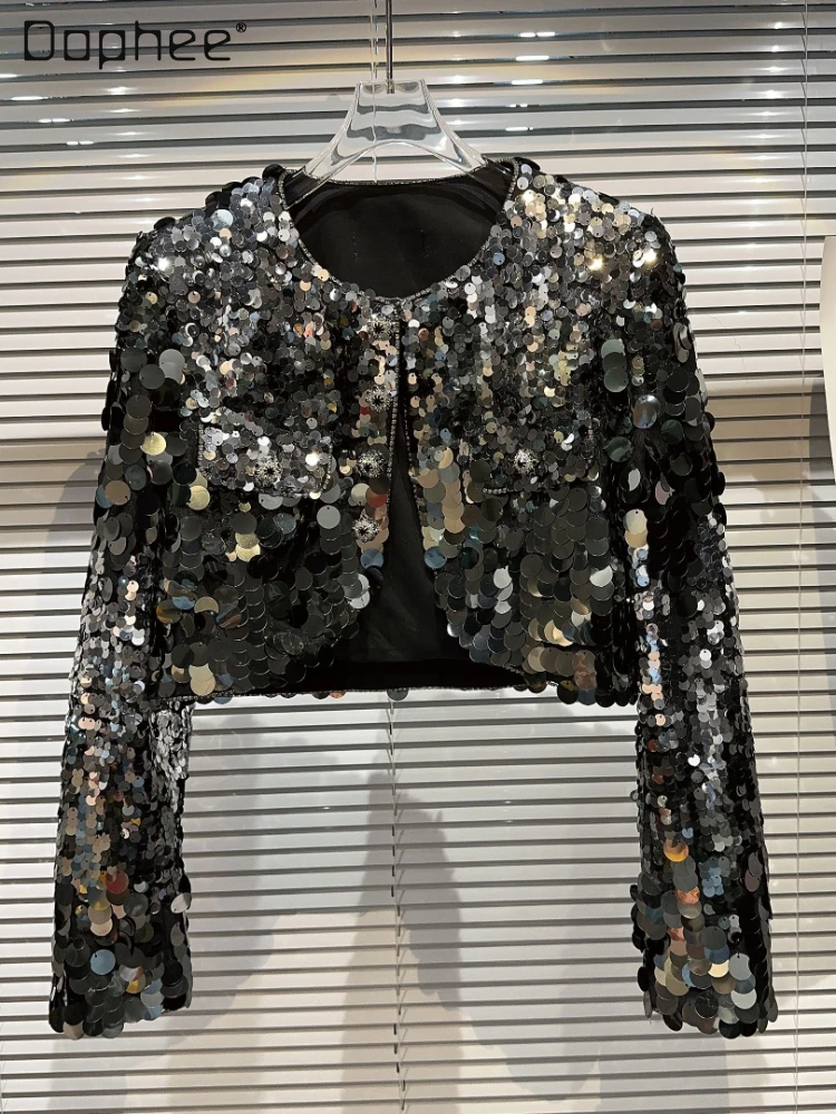 

High-end Sequined Drill Buckle Coat for Women 2023 Autumn New Streetwear Socialite Gradient Large Padded Shoulder Short Jacket