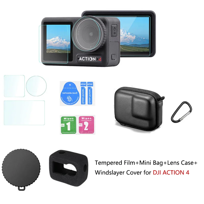 For DJI Osmo Action 4 Camera Accessories 9H Tempered Glass Film+Mini Bag+Lens Protective Case+Windslayer Cover for DJI Action 4