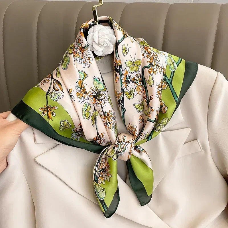 Floral Butterfly Print Silk Square Scarf Women 70*70cm Soft Satin Hairband Neckerchief Headband Lady Foulard Bag Ribbon Kerchief