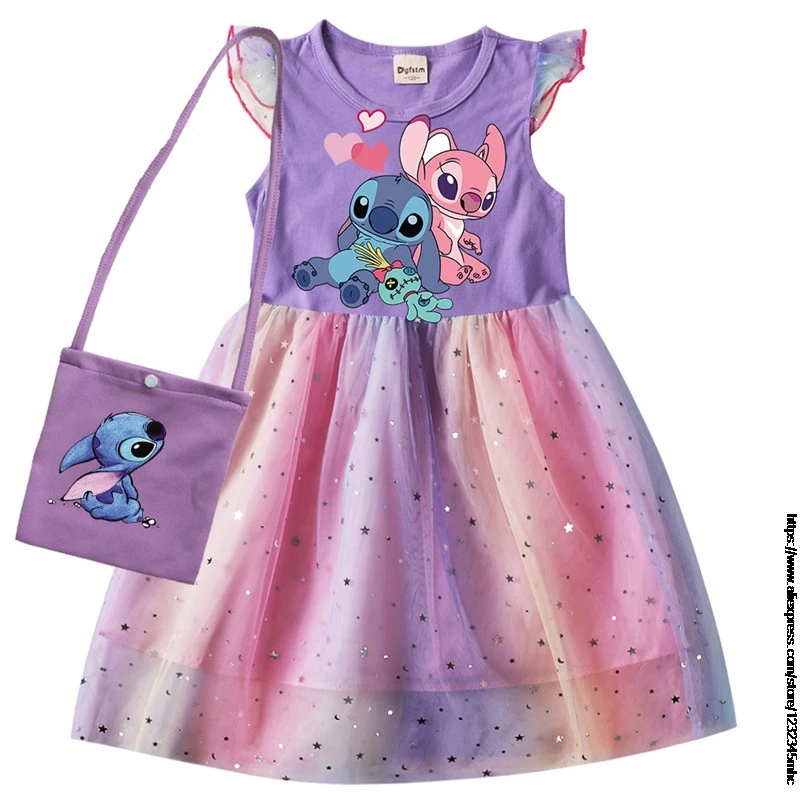 Lilo And Stitch Summer Girls Cotton T Shirt Patchwork Dress +Bag Children Girl Home Party Casual Clothes Dresses