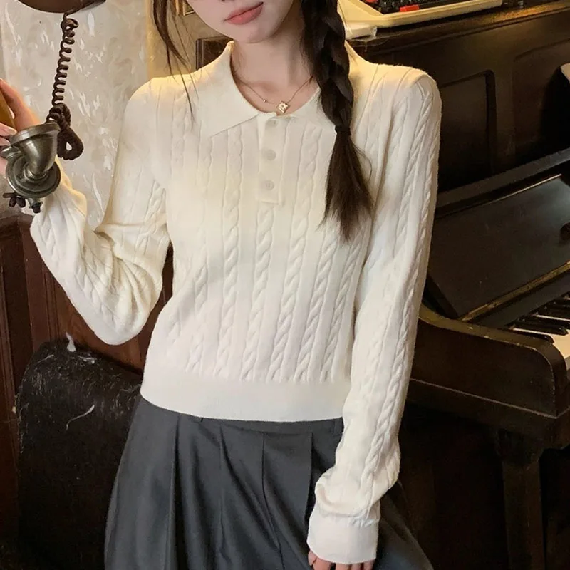 

Knitted Sweater Women Pullovers New Long Sleeve Turn Down Collar Knit Sweater Pullover Women Tops Sweaters Women Clothing Q1486