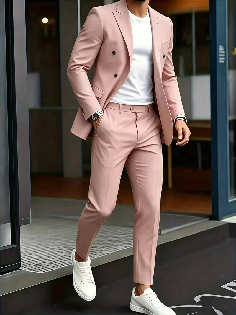 

Men's Dusty Pink Double Breasted 2 Piece Suit Slim Fit Blazer Pants Set for Wedding Business