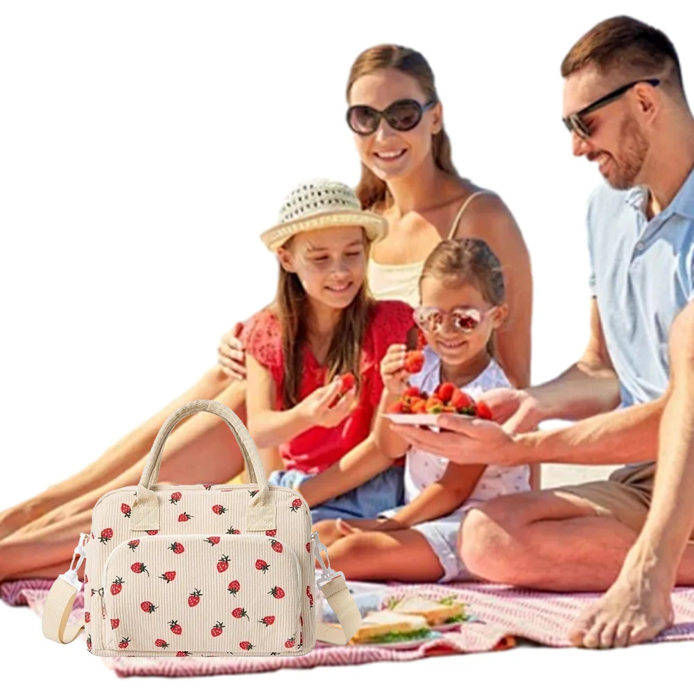 

Cute Corduroy Reusable Lunch Box With Shoulder Strap Heat-insulated Handbag Leakproof Multi-Function Lunch Bag for Women Girls