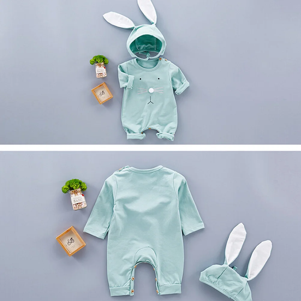 

Adorable Unisex Baby Jumpsuit Cotton Material Rabbit Ears Hat Long Sleeves Spring Autumn Size 90 Green Comfortable