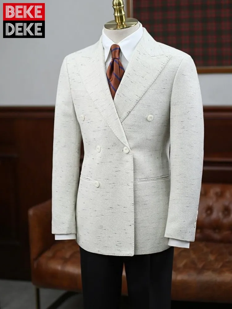 Italian Retro Male Blazer Fashion Solid Color Business Mens Suit Jacket Turn Down Collar Double-Breasted Long Sleeves Outerwear
