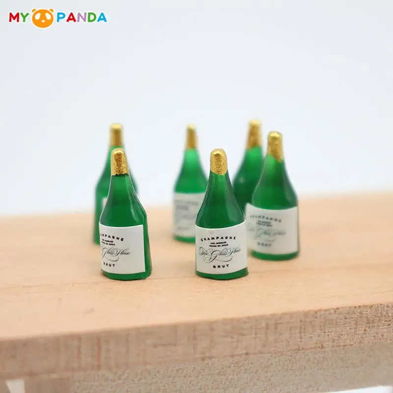 6Pcs 1/12 Dollhouse Simulation Wine Bottles Miniature Champagne Bottle Model Dolls House Drinks Model Decoration Accessories